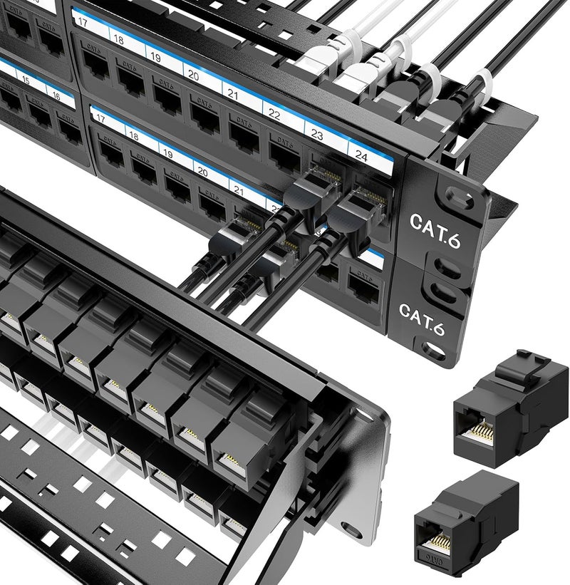Jadaol [UL Listed] 48 Port Patch Panel Rackmount or Wall Mount 19-Inch, 2U Cat 6 Network Panel Preloaded with 48 Keystone Couplers Plus 2 Spare, 10Gbps Ethernet Panel with Cable Management & Back Bar - Image 1